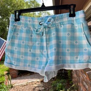84. Ivory ella Gingham Printed Shorts, front pockets, rolled bottom, drawstring
